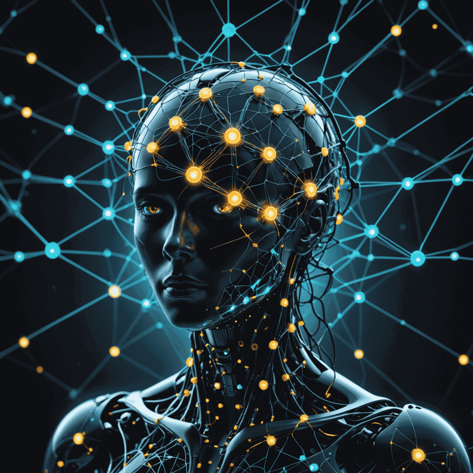 A futuristic representation of a neural network with glowing nodes and connections, overlaid with symbols representing ethics and morality. The image showcases the intersection of AI technology and ethical considerations.