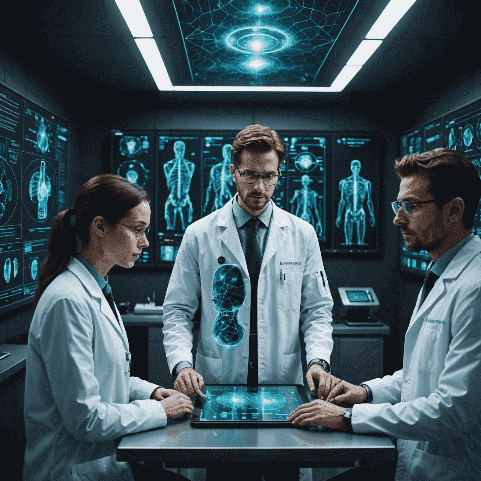 A futuristic medical lab with holographic displays showing neural network diagrams overlaid on human body scans. Doctors and AI assistants collaborating on diagnosis.
