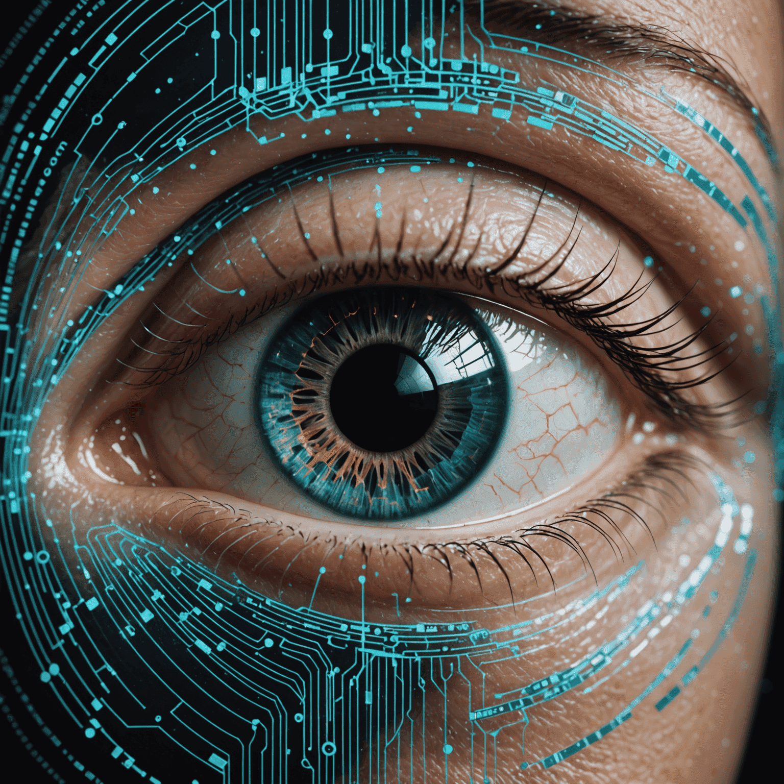 A futuristic representation of computer vision, showing a human eye with digital overlays and data streams flowing from it, symbolizing the AI's ability to process and understand visual information.