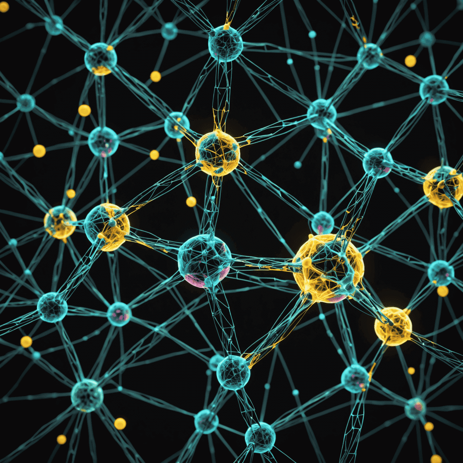 A 3D visualization of a neural network analyzing molecular structures. Glowing connections between nodes represent the AI's process of identifying potential drug candidates.