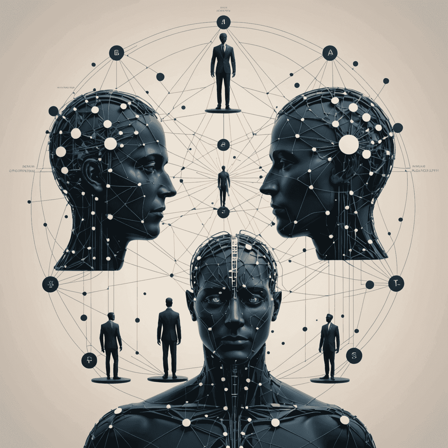 An abstract representation of ethical considerations in AI, featuring a balanced scale with binary code on one side and human silhouettes on the other, surrounded by interconnected nodes symbolizing neural networks.