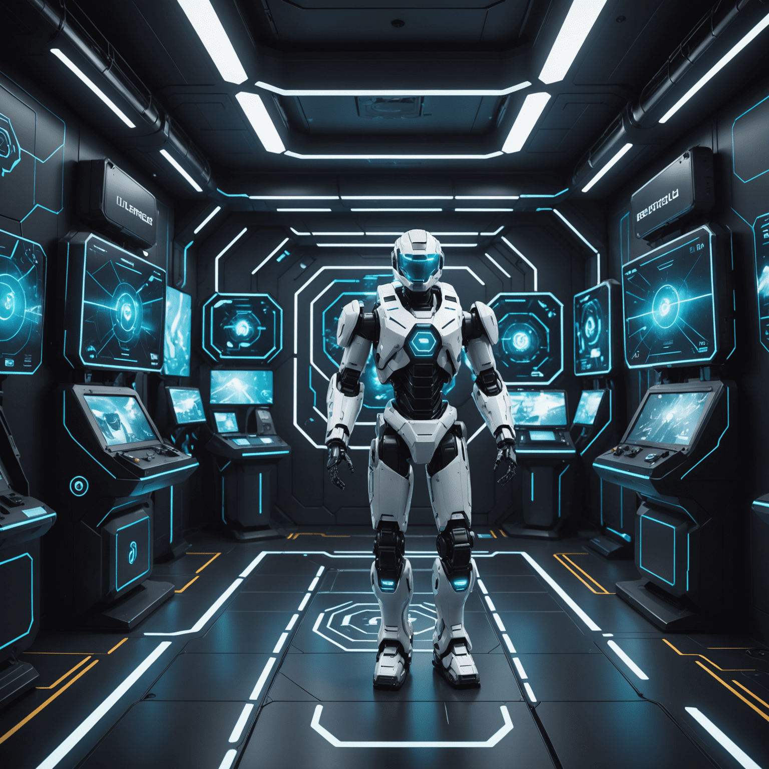 A futuristic game environment with a robotic agent navigating through complex obstacles, surrounded by holographic displays showing reward functions and decision trees, illustrating reinforcement learning in action.