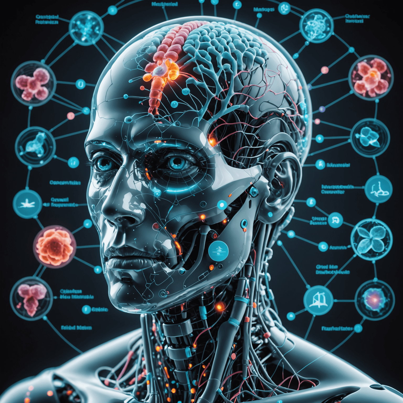 A futuristic medical interface showing holographic representations of human organs, DNA strands, and medication molecules, with neural network connections overlaying the entire image to represent AI integration in healthcare.