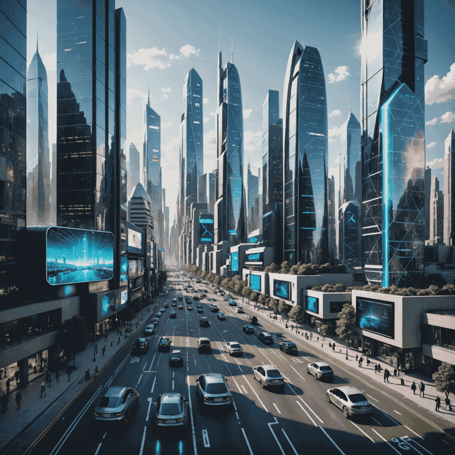 A futuristic cityscape powered by AI, showing holographic interfaces, autonomous vehicles, and smart buildings interconnected by visible data streams, representing the integration of deep learning in everyday life and urban infrastructure.